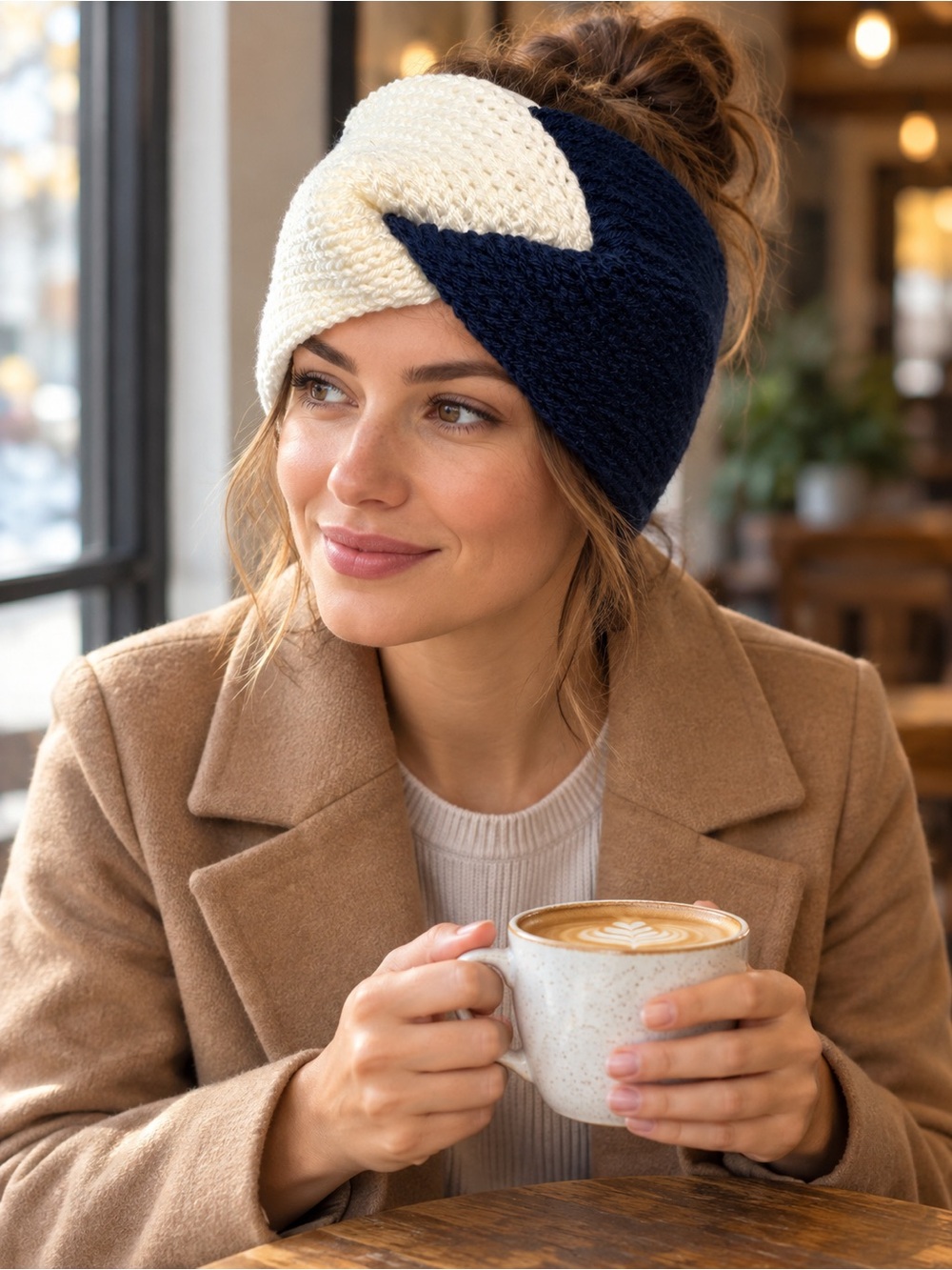 Handmade Knit Twist Ear Warmer Navy Blue & Cream Wide Winter Headband